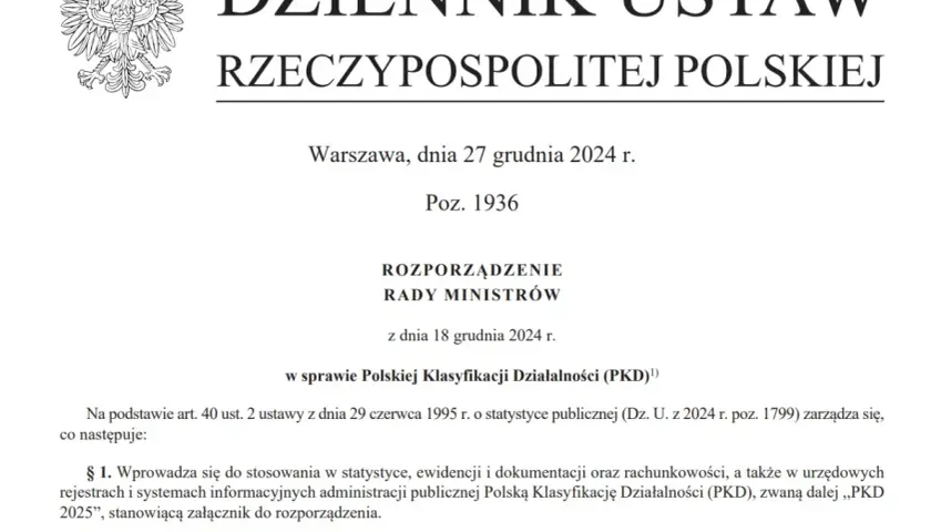 Fragment oficjalnego dokumentu z godłem Polski i tekstem "Dziennik Ustaw Rzeczypospolitej Polskiej".